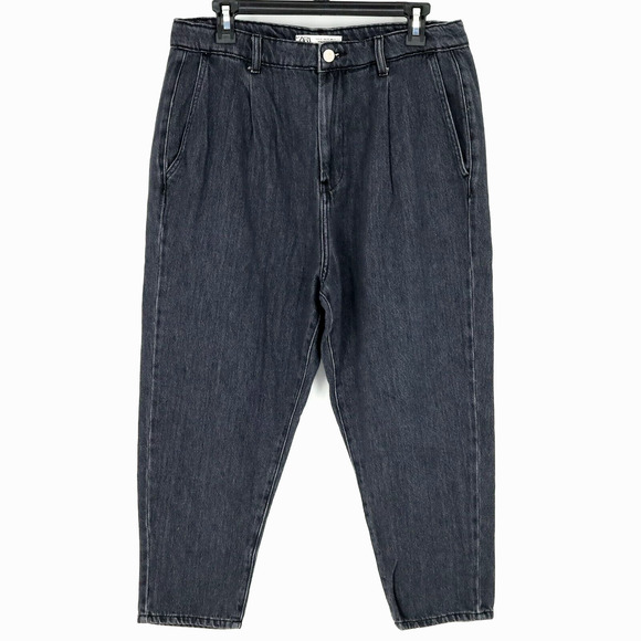 Zara Jeans Womens 31 Waist Baggy High Rise Tapered Leg Crop Blue Stretch Denim - Picture 1 of 14